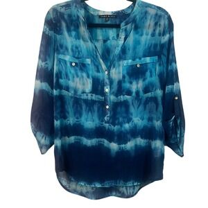Como Black Blue Tie-Dye Blouse Relaxed Fit Medium 3/4 Sleeve